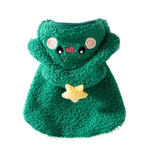 Green plush pet cape with star and cute face embroidery for small dogs and cats in winter.