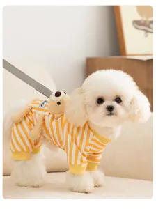 Cute striped pet dog four-legged jumpsuit with 3D plush bear cozy home apparel for autumn.
