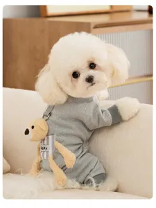 Detailed view of grey thermal four-leg pet jumpsuit featuring a cute 3D bear toy for dogs.