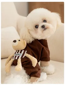 Comfortable brown four-legged pet jumpsuit with cute 3d teddy bear design for dogs and cats.