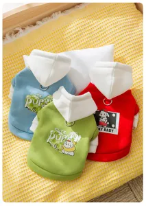 Cozy pet hoodie for small dogs and cats, warm fleece pullover with cute cartoon puppy prints.