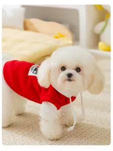 Cute red and white pet dog hoodie, warm autumn winter clothes for small dogs and cats.