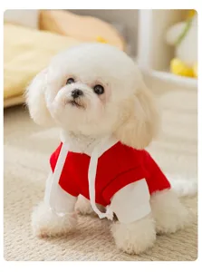 Cozy red and white pet hoodie detail shot, comfortable winter warm dog sweatshirt for small dogs.