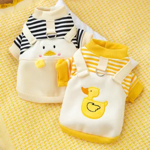 Cute fall winter pet hoodie with striped sleeves and adorable duck embroidery for dogs cats.
