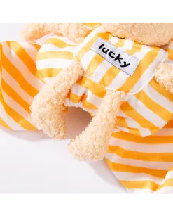 Cute striped pet dog four-leg pajamas with cute 3D bear detail and lucky tag for autumn winter.