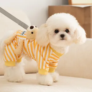 Cute striped four-legged pet clothes with 3D bear toy, breathable autumn winter dog apparel.
