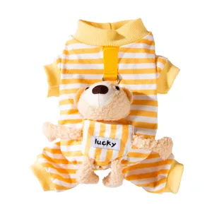 Cute striped four-legged pet clothes with a 3D teddy bear design for dogs and cats.