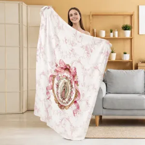 French Vintage Flannel Blanket Religious Saint And Bow Floral Print Warm Throw Blanket For Home Living Room Bedroom