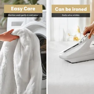 Soft white flannel blanket detail featuring easy care washing and ironing instructions.