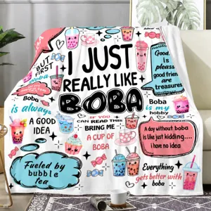 Cute boba bubble tea printed fleece blanket soft cozy funny quote throw blanket for sofa