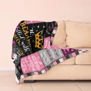 Cozy flannel throw blanket with crown and grateful text, soft warm gift for women on sofa.