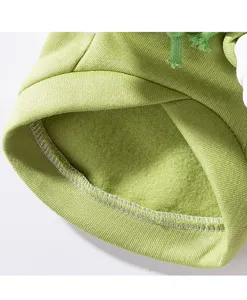 Close-up detail of green pet hoodie, soft fleece lining, comfortable pet apparel.