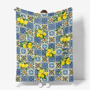 Vintage Lemon Floral Flannel Blanket Soft Warm Fleece Throw Blanket For Bed Sofa