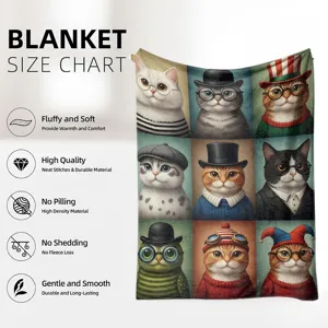 Close-up detail of retro cat portrait fleece blanket showing cute feline print texture.