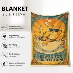 Cozy flannel throw blanket featuring cute cat coffee cup retro art design, soft and warm.