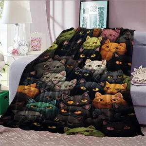 Cute cartoon cat flannel blanket for sofa throw, cozy soft pet cat pattern office nap blanket.