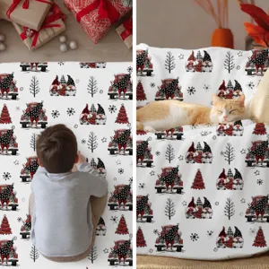 Couverture en flanelle de Noël jeté en peluche douce pour canapé lit avec lutin et sapin.
