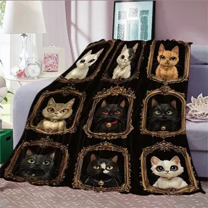 Cozy cat throw blanket for sofa, cute vintage kitten flannel blanket for office nap and home.