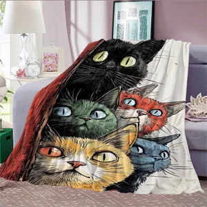 Cute cat flannel blanket for sofa office nap, soft warm throw blanket with colorful feline design.