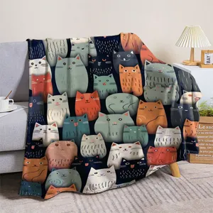 Detailed view of the cute cat flannel throw blanket, cozy soft fabric for sofa and office.