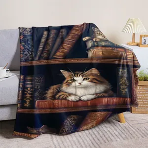 Cozy cat bookshelf flannel blanket for sofa, soft vintage animal throw for office nap.