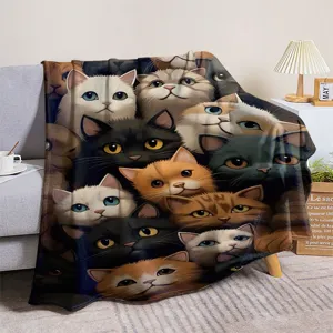 Flannel cat pattern sofa throw blanket cute pet kitty fleece blanket for office nap cozy living room