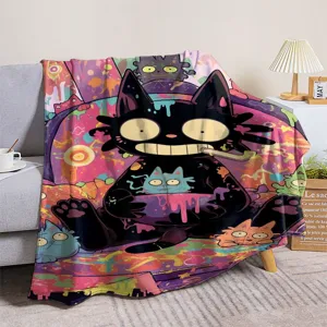 Close-up detail of the cute cat flannel sofa blanket, featuring soft texture and vibrant colorful print.