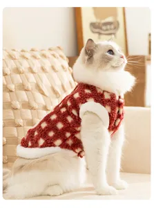 Cute red and white plaid cat vest autumn winter warm fleece pet clothes for small dogs and cats.