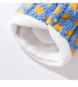 Cute blue yellow checkered pet fleece clothes detail, soft thick warm puppy cat winter apparel.