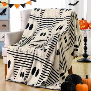 Halloween Ghost Flannel Blanket Cute Farmhouse Black and White Striped Throw Blanket Soft Warm Bedding Decor