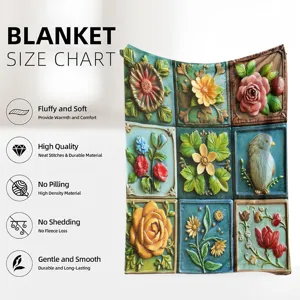 Detailed view of vintage floral flannel blanket featuring 3D hand-painted tile print.