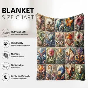 Vintage floral flannel blanket with retro art design, soft and comfortable for living sofa.