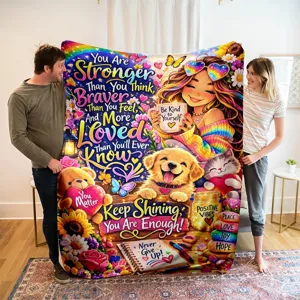 Flannel blanket with inspirational quotes and cute cartoon design, cozy throw for home use.
