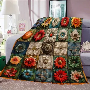Vintage 3D floral fleece blanket detail showing retro tile pattern and cozy sofa living setup.