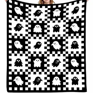 Halloween flannel blanket cute ghost black and white checkered soft throw blanket for home decor