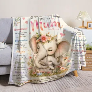 Cozy flannel blanket featuring a cute mother and baby elephant design, perfect Mother's Day gift.