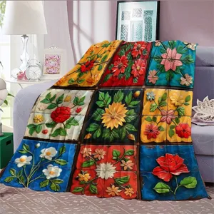 Vintage floral flannel throw blanket with 3D tile flower design for cozy sofa nap use.