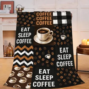 Cozy coffee theme flannel throw blanket with coffee bean and cup prints, soft and comfortable.