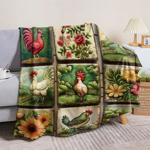 Vintage rooster floral flannel blanket, soft 3d hand-painted botanical throw for sofa bed nap use.