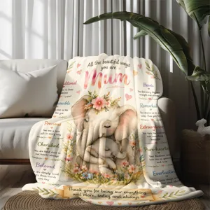 Cozy Mother's Day flannel blanket throw with warm elephant watercolor print for mom gift.
