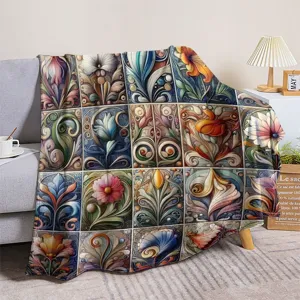 Vintage floral flannel throw blanket, stereoscopic botanical decor for couch nap.