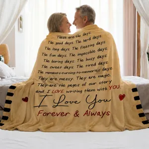 Cozy couple fleece blanket with romantic English quotes, soft home textile gift for anniversary.