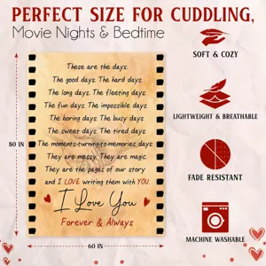 Detailed view of the soft couple love quote fleece blanket featuring film strip design.