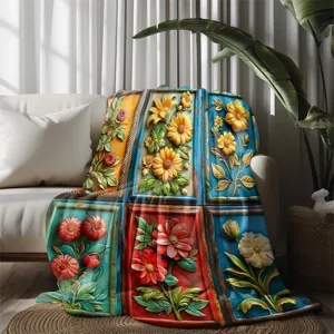 Vintage 3D floral flannel blanket, soft throw for couch sofa, retro botanical design detail.