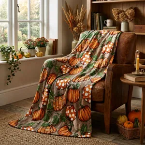 Vintage wood grain pumpkin print flannel blanket cozy autumn throw for sofa and nap time.