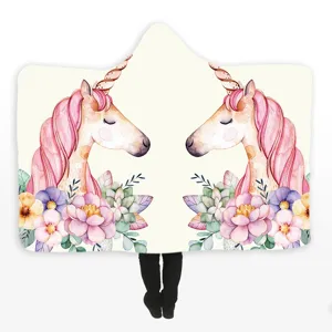 Couverture a capuche licorne aquarelle plaid en peluche douce et chaude pour femme et enfant.