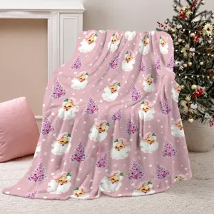 Soft Pink Christmas Blanket Cute Santa Claus Snowflake Holiday Blanket Cozy Flannel Fleece Blanket For Bedroom Living Room Bedding