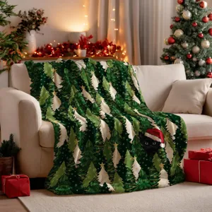 Christmas Flannel Blanket Soft Plush Cozy Festive Throw Blanket With Green Tree And Snow Cat Pattern For Home Bedding