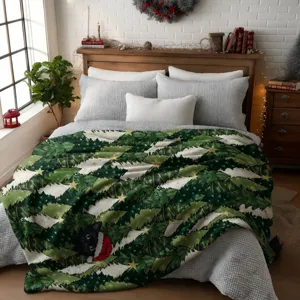 Cozy flannel Christmas blanket featuring a cute black cat and festive green trees for winter.