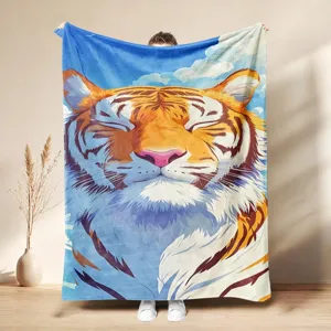 Cute tiger print flannel blanket soft cozy warm throw blanket for bed couch nap home decor